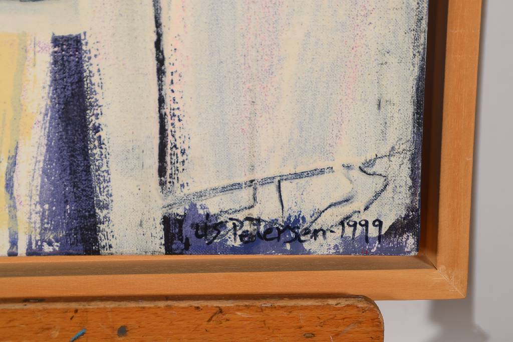 Detail a: Lis Petersen, geb. 1957, Gedeckter Tisch, Mischtechnik auf Lwd, rechts unten signiert und datiert 1999, ca. 50x50cm, Rahmen