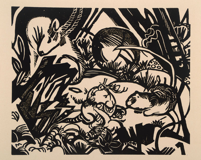 Franz Marc, 1880 München-1916 Braquis bei Verdun, Holzschnitt aus: Tierlegende, im Druckstock re. u. monogram. M, ca. 24x19.7cm, Blattgr. ca. ...