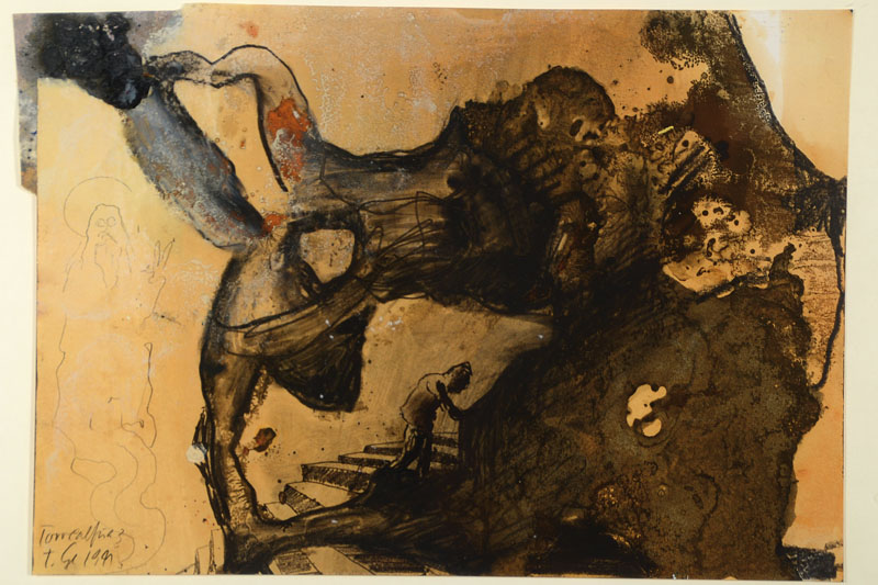 Thomas Lange, geb. 1957, Torrealfino 3, Mischtechnik auf Papier, links oben collagiert, betitelt, monogr. und datiert 1991, ca. 29.5x42cm, unter ...
