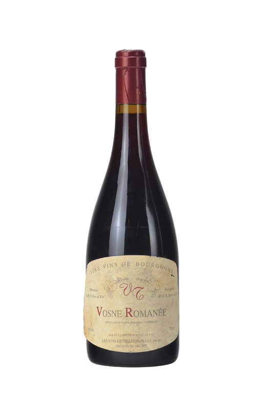 1 Flasche Vosne Romanee, Appellation Vosne Romanee Controlee, Vins Fins de Bourgogne, Selection Roux Pere etFils, ca 75 cl., Abstand zwischen Kapsel ...