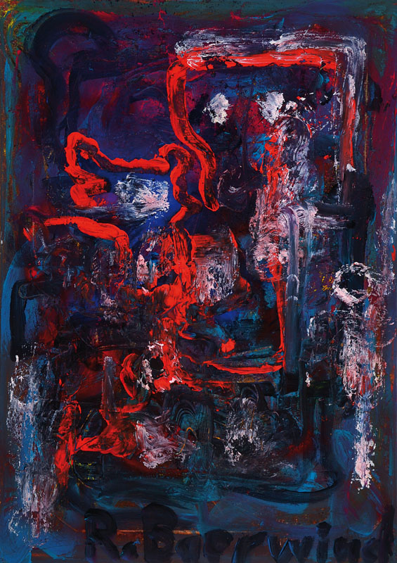 Rudi Baerwind, 1910-1982, Öl/Lwd, abstrakte Komposition mit stil. Personen, Öl/Lwd, unten groß signiert, ca. 85 x 60 cm, kleinere Leinwandschäden