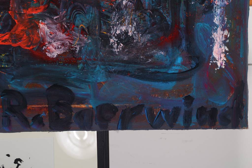 Detail a: Rudi Baerwind, 1910-1982, Öl/Lwd, abstrakte Komposition mit stil. Personen, Öl/Lwd, unten groß signiert, ca. 85 x 60 cm, kleinere Leinwandschäden