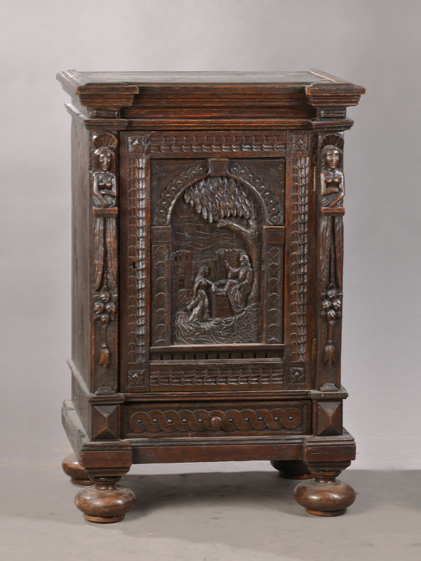 1-türiges Schränkchen, wohl Belgien, um 1840, Renaissance-Stil, seitl. Hermen, Türfüllung mit biblischem Motiv: "Jesus und die ...