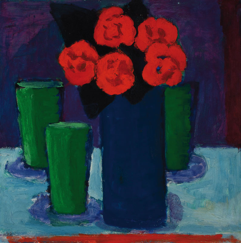 Wilhelm Michel, geb. 1927, Stillleben mit Rosen und grünen Bechern, Öl/Hartfaser, rückseitig signiert und mit Galerieaufkleber versehen, ca. ...