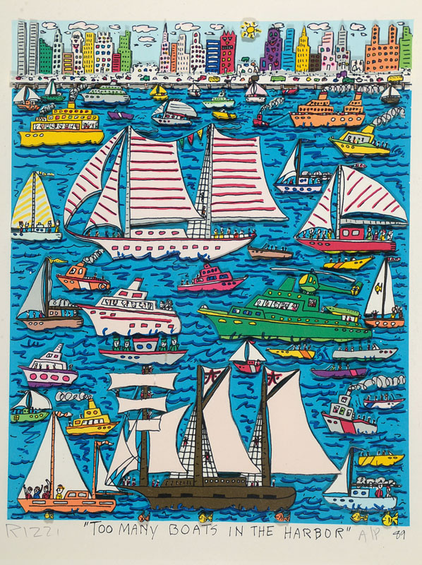 James Rizzi, 1950-2011, Too many boats in the harbor, 3D-Lithographie, sign. und num. A/P, dat. 89, ca. 25x20cm, unter Glas gerahmt, rückseitig ...