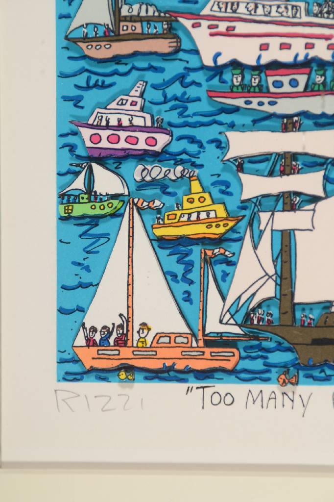 Detail a: James Rizzi, 1950-2011, Too many boats in the harbor, 3D-Lithographie, sign. und num. A/P, dat. 89, ca. 25x20cm, unter Glas gerahmt, rückseitig ...