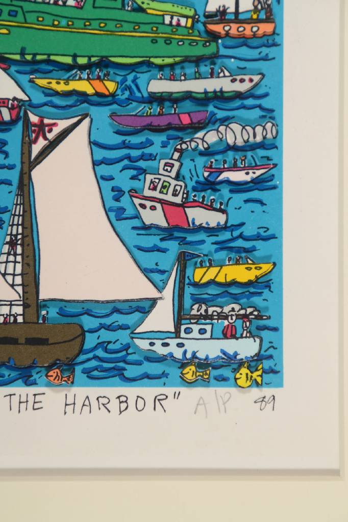 Detail b: James Rizzi, 1950-2011, Too many boats in the harbor, 3D-Lithographie, sign. und num. A/P, dat. 89, ca. 25x20cm, unter Glas gerahmt, rückseitig ...
