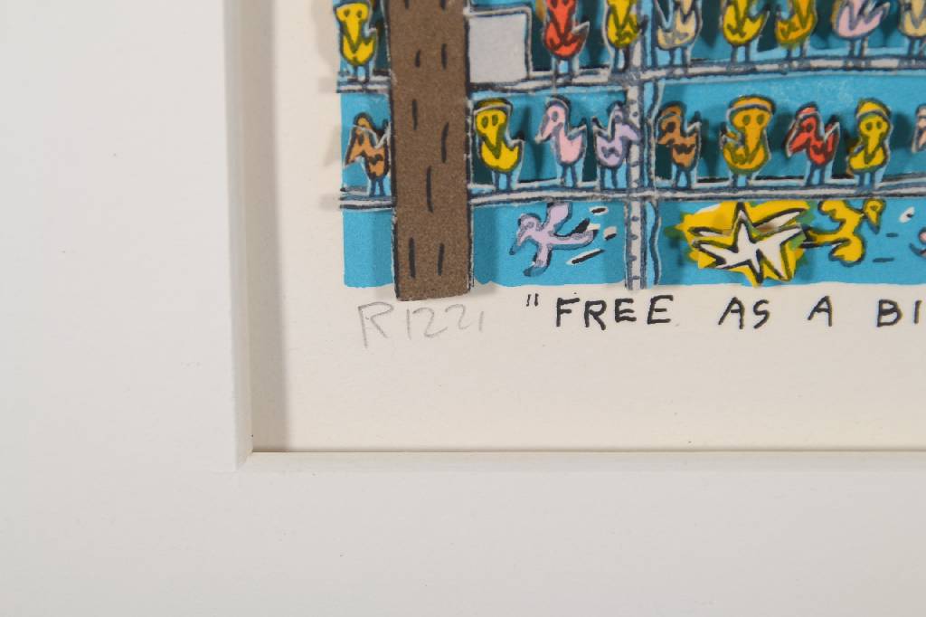 Detail a: James Rizzi, 1950-2011, Free as a bird, 3D-Lithographie, handsigniert und nummeriert 10/350, datiert 90, Motiv ca. 5,5x8 cm, unter Glas gerahmt