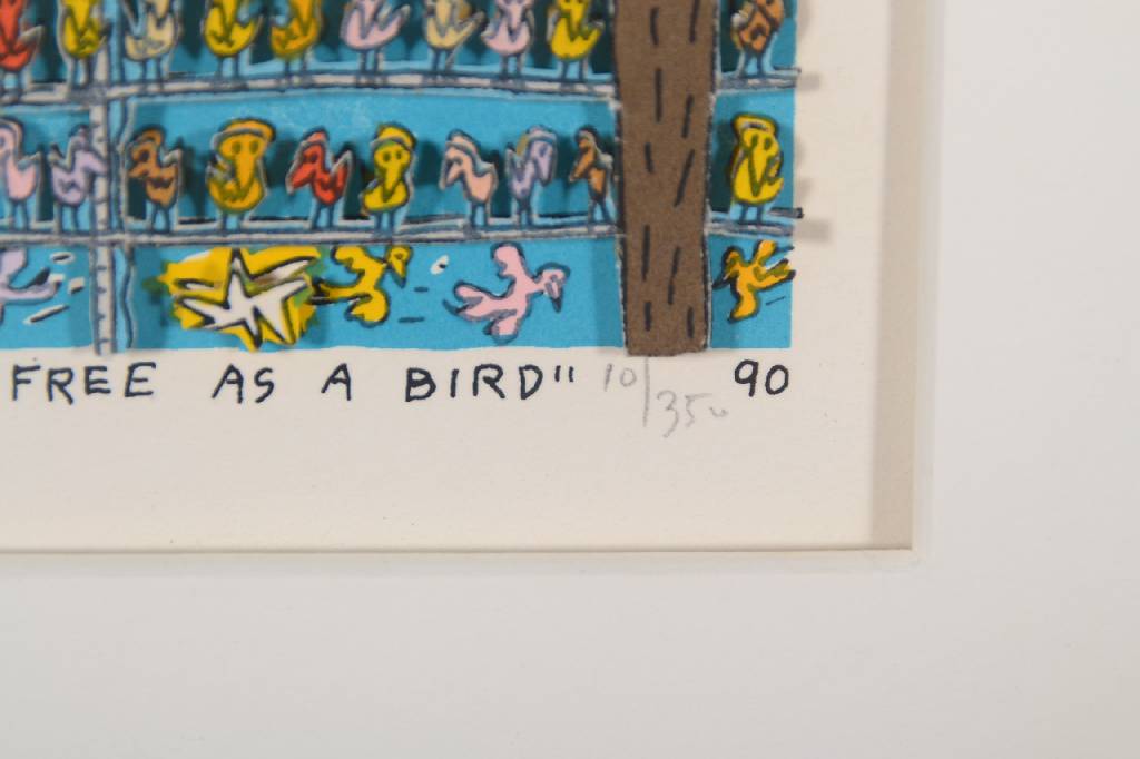 Detail b: James Rizzi, 1950-2011, Free as a bird, 3D-Lithographie, handsigniert und nummeriert 10/350, datiert 90, Motiv ca. 5,5x8 cm, unter Glas gerahmt