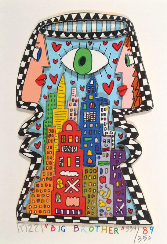 James Rizzi, 1950-2011, Big Brother, 3D- Lithographie, sign. und num. 334/350, dat. 89, ca. 14x10 cm, PP, unter Glas gerahmt