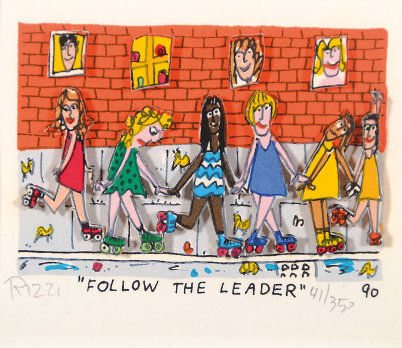 James Rizzi, 1950-2011, Follow the leader, 3D-Lithographie, handsigniert und nummeriert 41/350, datiert 90, Motiv ca. 5,5x8 cm, unter Glas gerahmt