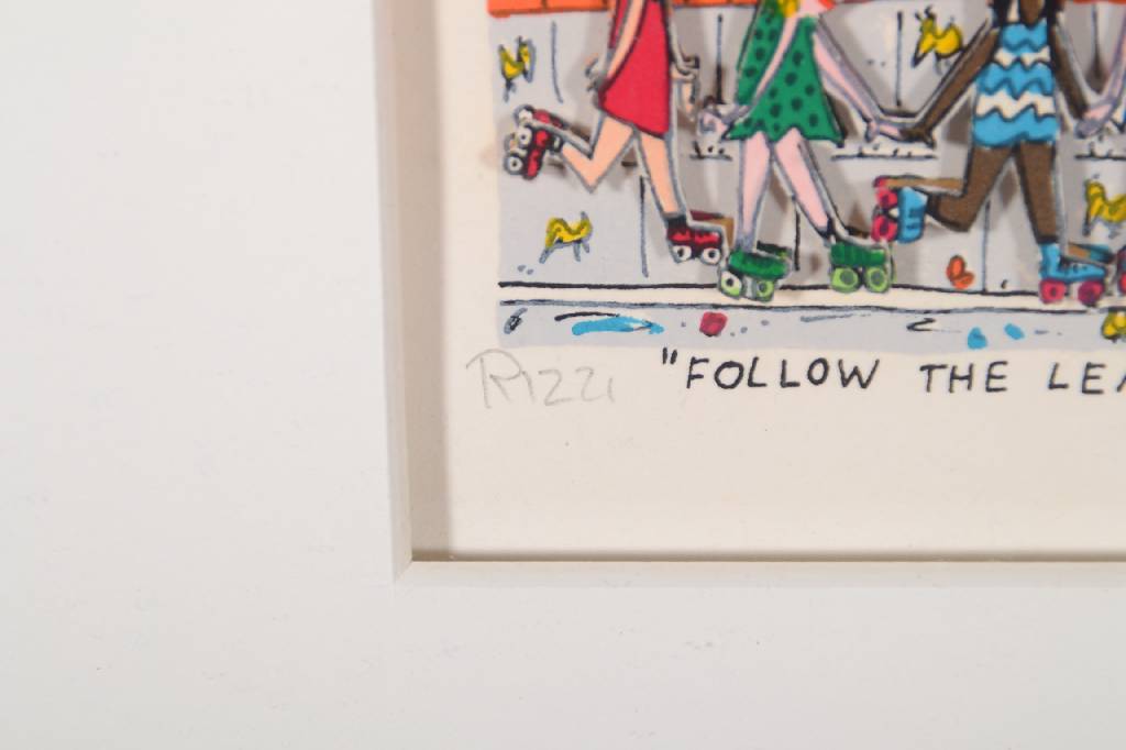 Detail a: James Rizzi, 1950-2011, Follow the leader, 3D-Lithographie, handsigniert und nummeriert 41/350, datiert 90, Motiv ca. 5,5x8 cm, unter Glas gerahmt