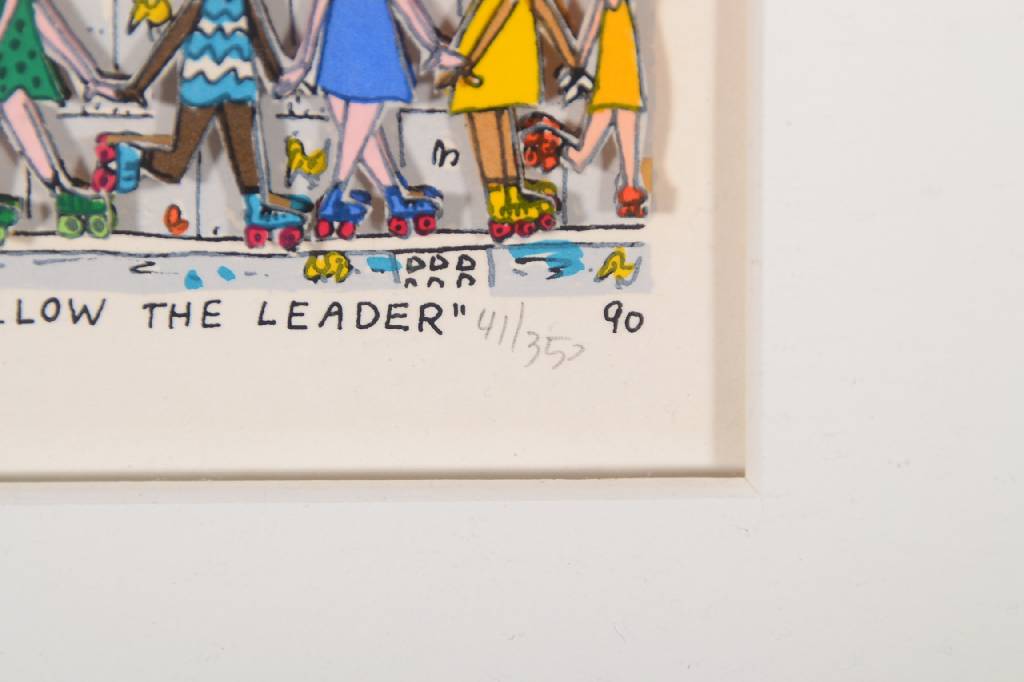 Detail b: James Rizzi, 1950-2011, Follow the leader, 3D-Lithographie, handsigniert und nummeriert 41/350, datiert 90, Motiv ca. 5,5x8 cm, unter Glas gerahmt