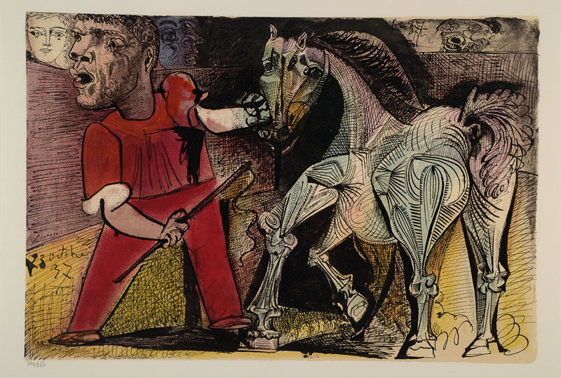 Pablo Picasso, 1881-1973, Farblithographie, nummeriert 170/250, ca. 29x43 cm, Motiv, unter Glas gerahmt