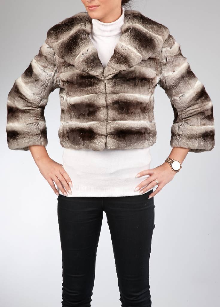 Chinchilla-Kurzjacke, Gr. ca. 36/38, großer Reverskragen, graues Innenfutter, Rückenl. ca. 50 cm