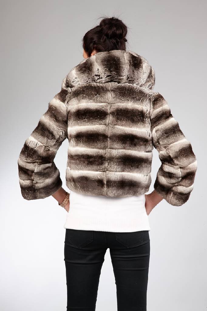 Detail a: Chinchilla-Kurzjacke, Gr. ca. 36/38, großer Reverskragen, graues Innenfutter, Rückenl. ca. 50 cm