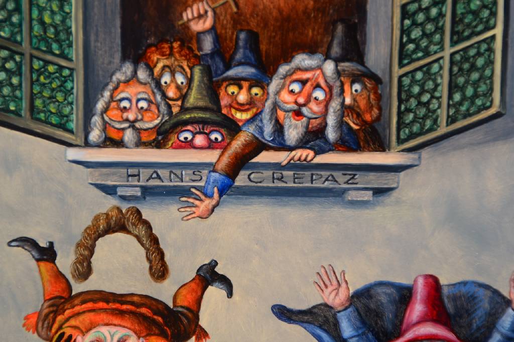Detail a: Hans Crepaz, 1938 Hall in Tirol, Studium in Wien, ansässig in Wien, hier: Prager Fenstersturz, Öl/Malplatte, rückseitig signiert und betitelt, ca. ...