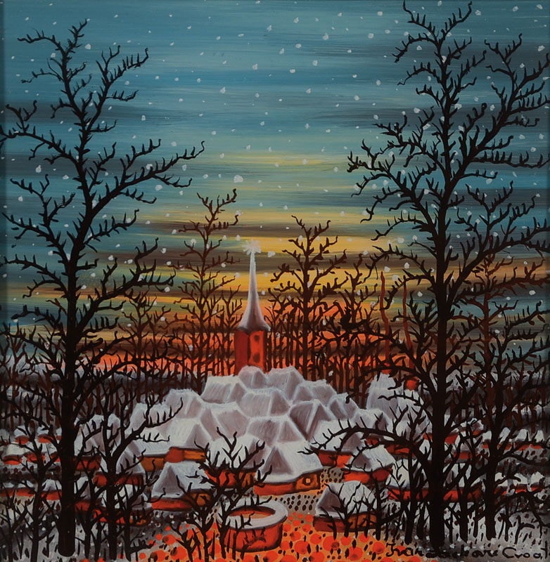 Ivan Lackovic, 1932-2004, zahlreiche internationale Ausstellungen z.B. Zagreb, Düsseldorf, Paris, hier: winterliche Dorfansicht, Hinterglasmalerei, ...