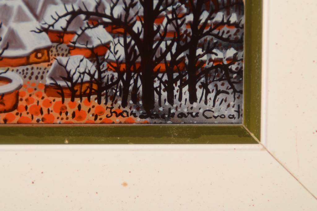 Detail a: Ivan Lackovic, 1932-2004, zahlreiche internationale Ausstellungen z.B. Zagreb, Düsseldorf, Paris, hier: winterliche Dorfansicht, Hinterglasmalerei, ...