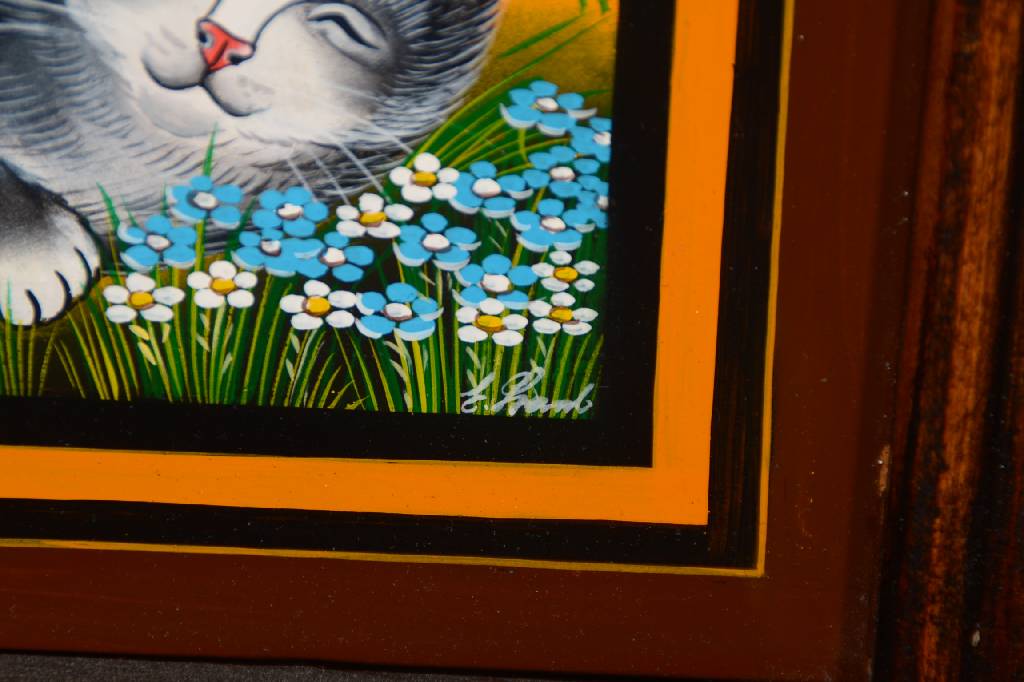 Detail a: Erich Staub, geb. 1942 St. Gallen, Katzenpaar auf Wiese, Öl/Malplatte, rechts unten signiert, ca. 20x22 cm, Rahmen
