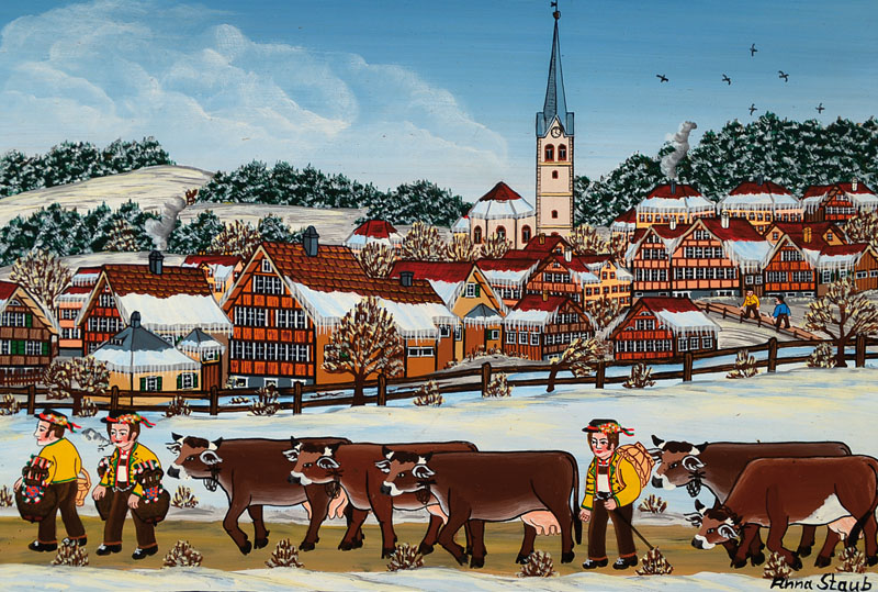 Anna Staub geb. 1942, Winterlandschaft, "Teufen", Öl/Holz, rechts unten signiert, betitelt, ca. 19,5x25 cm, Rahmen