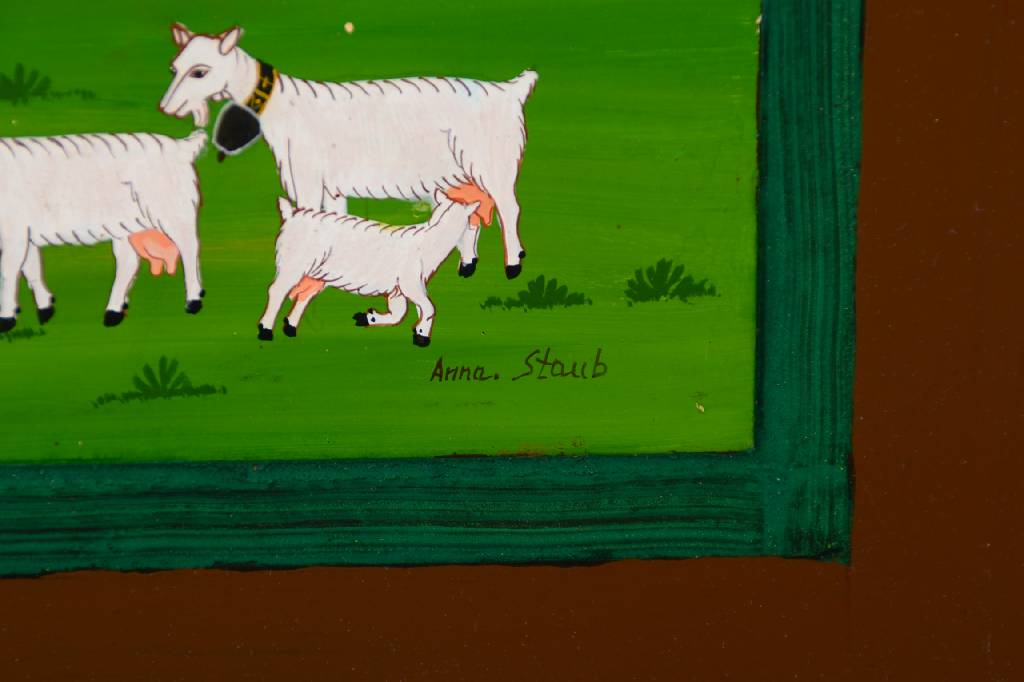 Detail a: Anna Staub, geb. 1942, ländliche Idylle mit Bauern und Ziegen, Öl/Holz, rechts unten signiert, ca. 29x36 cm, Rahmen, Bildfläche l. verkratzt, ...