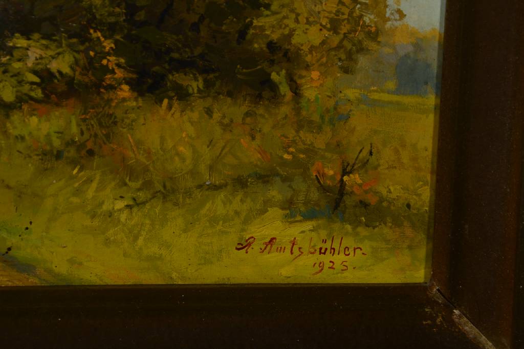 Detail a: Reinhard Amtsbühler, 1873-1961, "Haselnussbusch am Feldweg bei Laichingen", Öl/Lwd, rechts unten signiert und datiert 1925, rückseitig ...