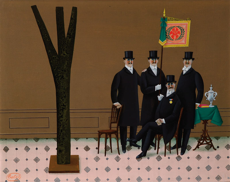 Jan Balet, 1913-2009, "Das Jubiläum", Öl/Malplatte, links unten signiert, rückseitig Widmung und Signatur, ca. 38x48 cm,Rahmen