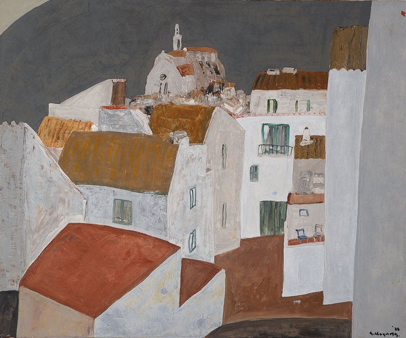 Shigeyoshi Koyama, geb. 1940, Stadtansicht, Öl/Lwd, rechts unten signiert und datiert 78, rückseitig signiert und datiert, ca. 46x55 cm,Leisten, ...