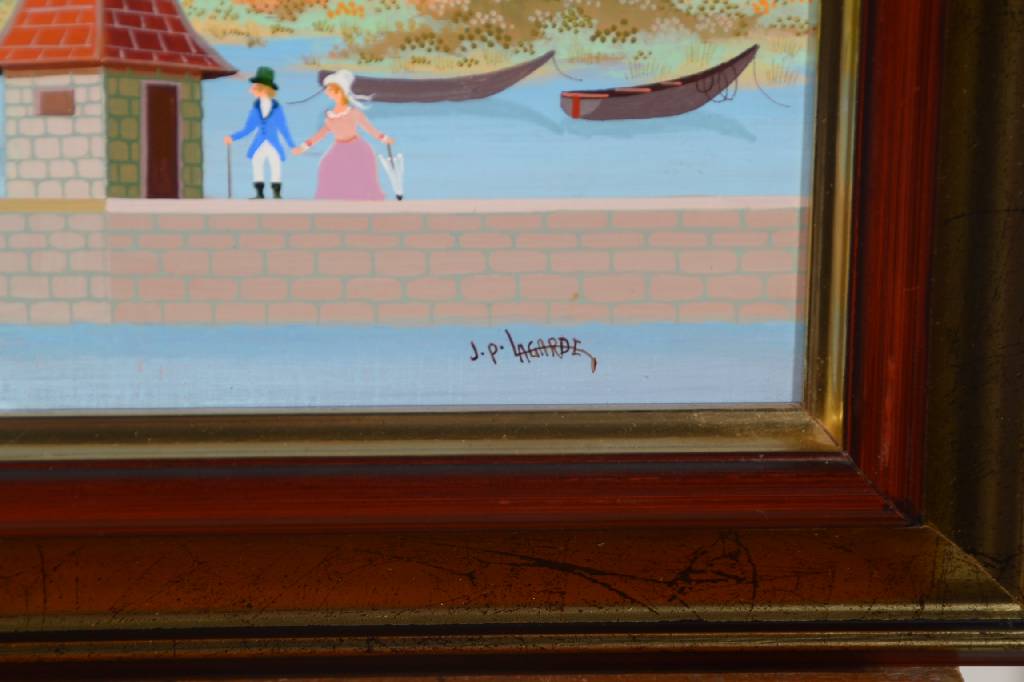 Detail a: J.P. Lagarde, naive/r Künstler/in, Wasserschloß mit Boot, Öl/Lwd, rechts unten signiert, rückseitig signiert und datiert 11_1985, betitelt: ...