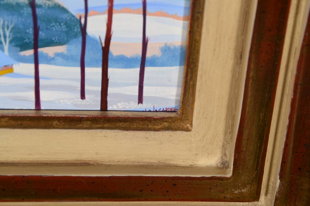 Detail a: J.P. Lagarde, naive/r Künstler/in, Winterlandschaft, Öl/Lwd, rechts unten signiert, rückseitig signiert und betitelt "Fin d´Hiver en ...