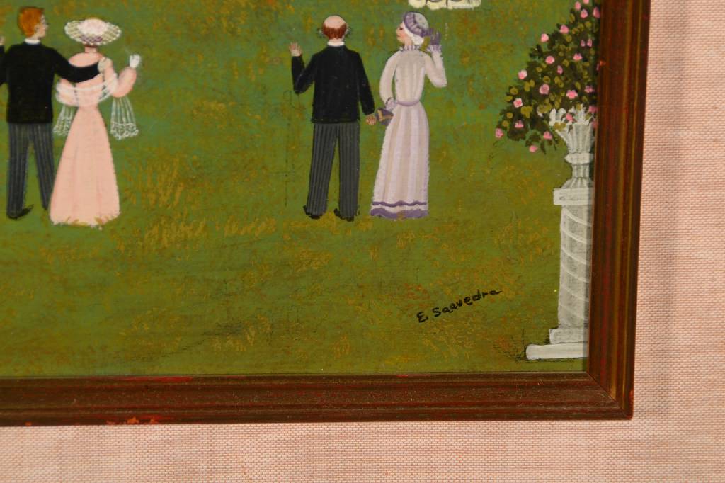 Detail a: E. Saavedra, naive/r Künstler/in, Hochzeitsfeier am Fluß, Öl/Lwd, rechts unten signiert, ca. 38x46 cm, Rahmen