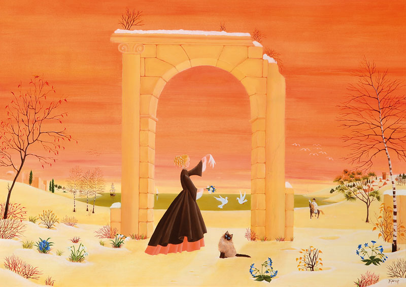 F. Genot, naive/r Künstler/in, Fantasielandschaft mit Frau und Katze, Öl/Lwd, rechts unten signiert, ca. 33x46 cm, Rahmen