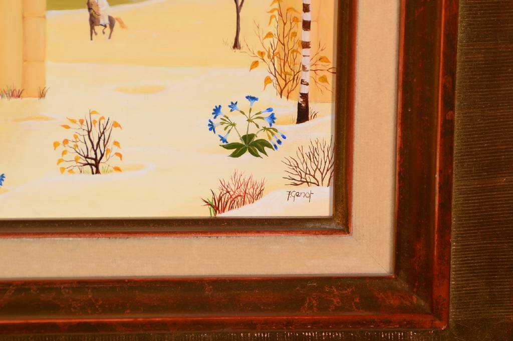 Detail a: F. Genot, naive/r Künstler/in, Fantasielandschaft mit Frau und Katze, Öl/Lwd, rechts unten signiert, ca. 33x46 cm, Rahmen