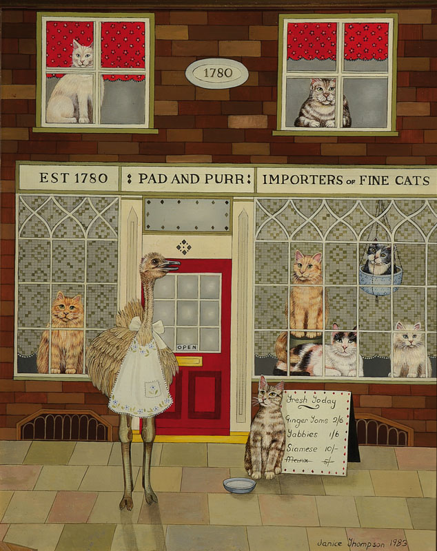 Janice Thompson, geb. 1983, Pad and Purr, Importers of Fine Cats, Öl/Holz, rechts unten signiert und datiert 1983, ca. 31x24 cm, Rahmen