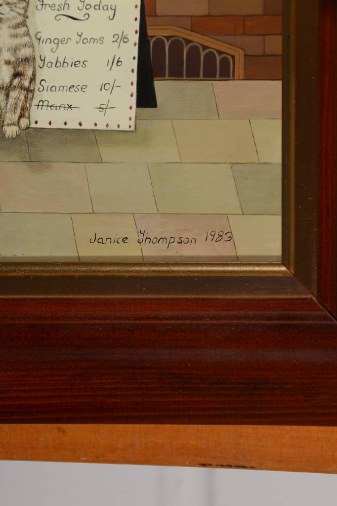 Detail a: Janice Thompson, geb. 1983, Pad and Purr, Importers of Fine Cats, Öl/Holz, rechts unten signiert und datiert 1983, ca. 31x24 cm, Rahmen
