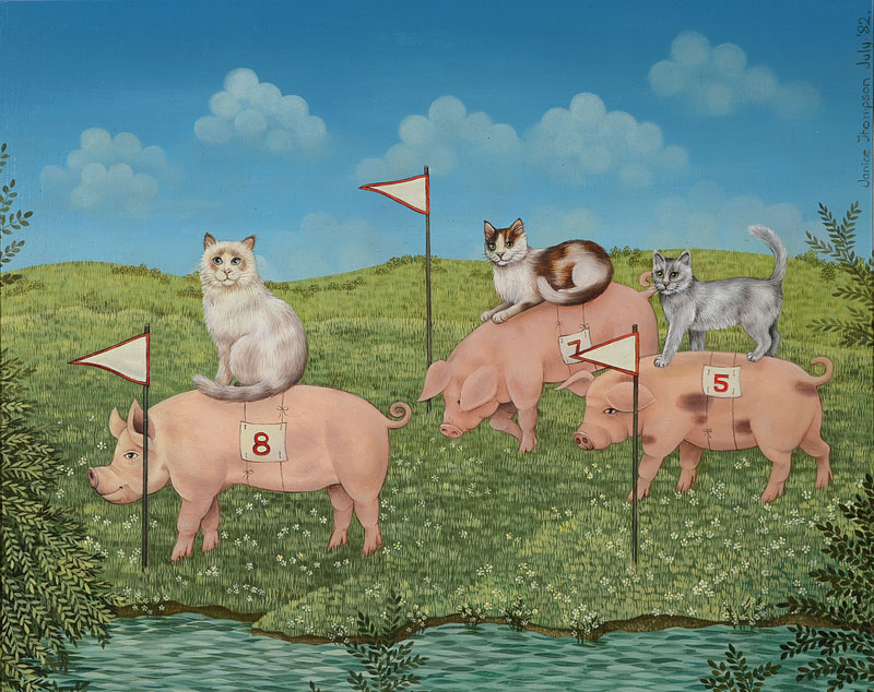 Janice Thompson, naive Künstlerin, Piggy Back, Öl/Holzplatte, rechts oben signiert und datiert July 82, ca. 30x36 cm, Rahmen