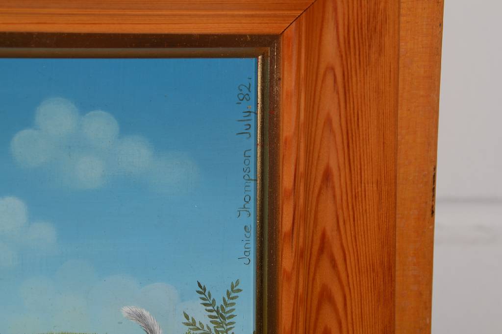 Detail a: Janice Thompson, naive Künstlerin, Piggy Back, Öl/Holzplatte, rechts oben signiert und datiert July 82, ca. 30x36 cm, Rahmen