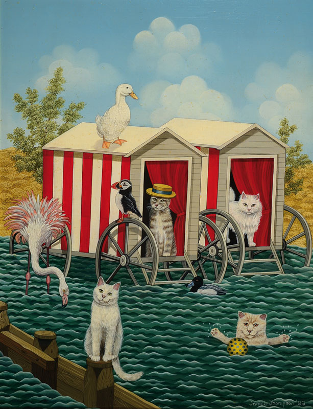 Janice Thompson, naive Künstlerin, Bathing Machine, Öl/Holz, rechts unten signiert und datiert 83, ca. 31x25 cm, Rahmen