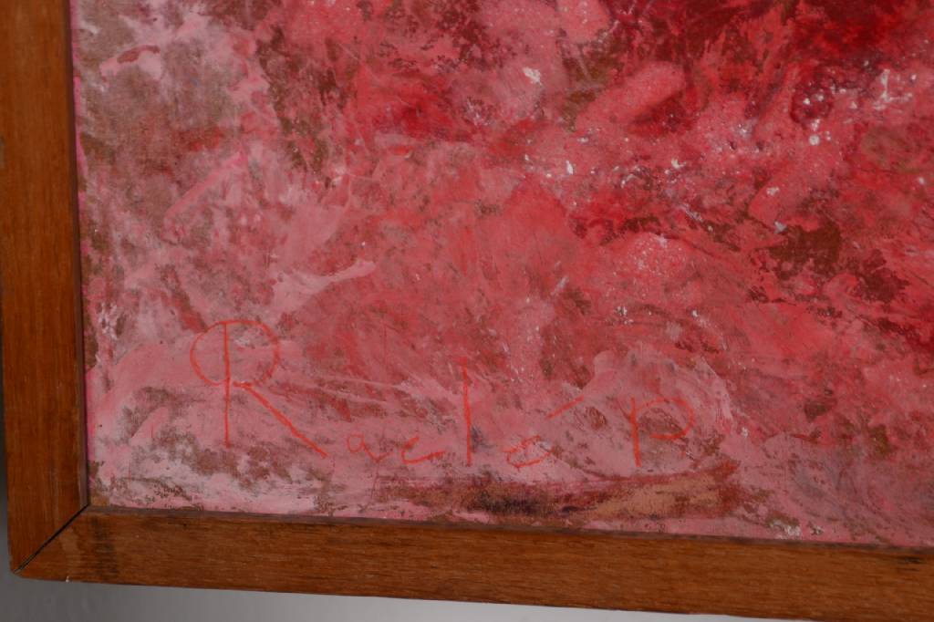 Detail a: P. Racle, französischer Maler, Abstrakte Komposition in Rot, Gouache und Mischtechnik auf Holzplatte, links unten signiert, ca. 80x124 cm, Rahmen