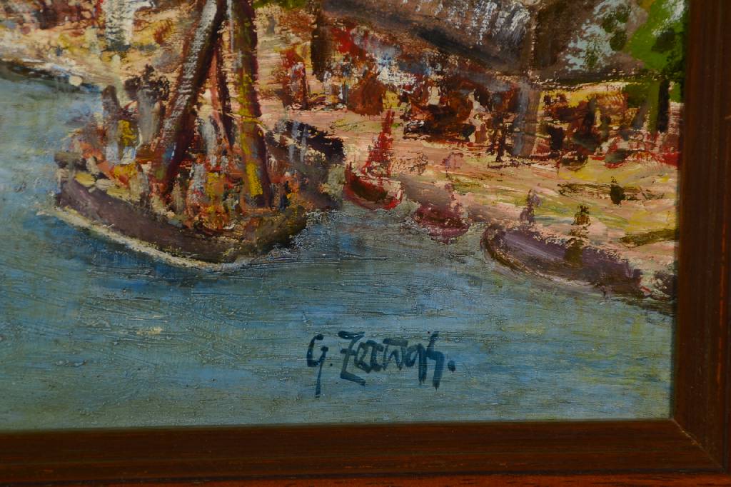 Detail a: G. Zerwas o.ä., zeitgenössischer Künstler, Stadtansicht am Fluß, Öl/Lwd, rechts unten signiert, ca. 60x80 cm, Rahmen