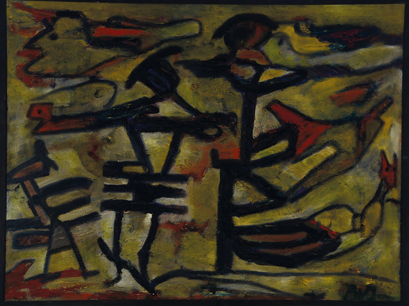 Unbekannter zeitgenössischer Monogrammist, Abstrakte Komposition mit Surrealen Figuren, Öl/Lwd, rechts unten monogrammiert AD, ca. 60x80 cm, Rahmen
