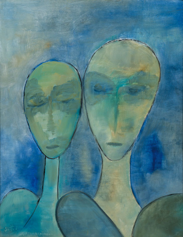 Lucien Sotto, zeitgenössischer Belgischer Künstler, Abstrakte Darstellung zweier Figuren, Öl/Hartfaser, li unten signiert, betitelt, ca. 65 x 50 ...