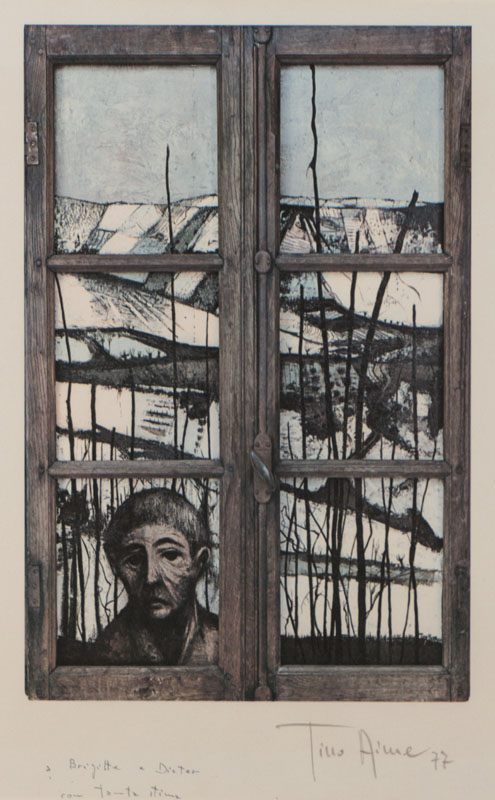 Tino Aime, geb. 1931, französischer Maler und Bildhauer, Fenster-Darstellung, Farboffset, re unten sign., dat., links unten eine Widmung, ca. 60x50 ...