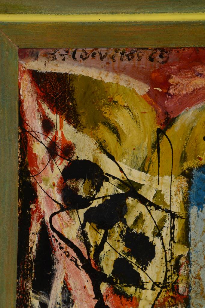 Detail a: R. Prilovitor, zeitgenössischer Künstler, Abstrakt-figurale Komposition, Acryl/Holzplatte, links oben signiert, ca. 90x64 cm, Rahmen