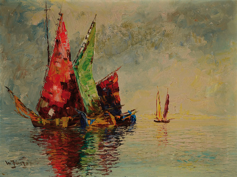 Unbekannter zeitgenössischer Künstler, Fischerboote im Abendlicht, Öl/Lwd, links unten unleserlich signiert, ca. 60x80 cm, Rahmen