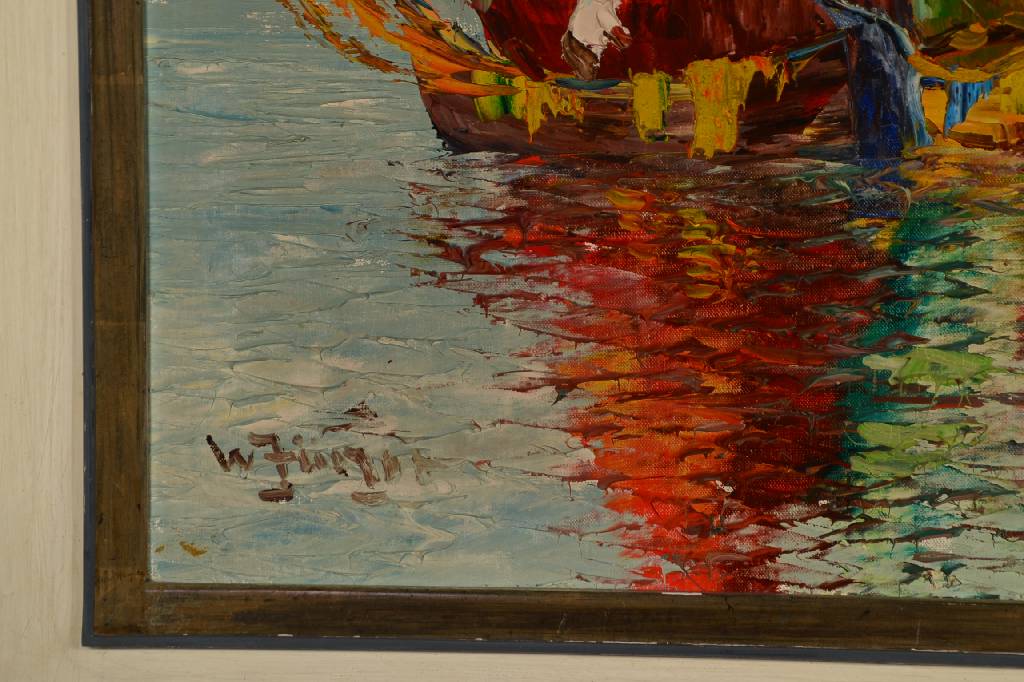 Detail a: Unbekannter zeitgenössischer Künstler, Fischerboote im Abendlicht, Öl/Lwd, links unten unleserlich signiert, ca. 60x80 cm, Rahmen