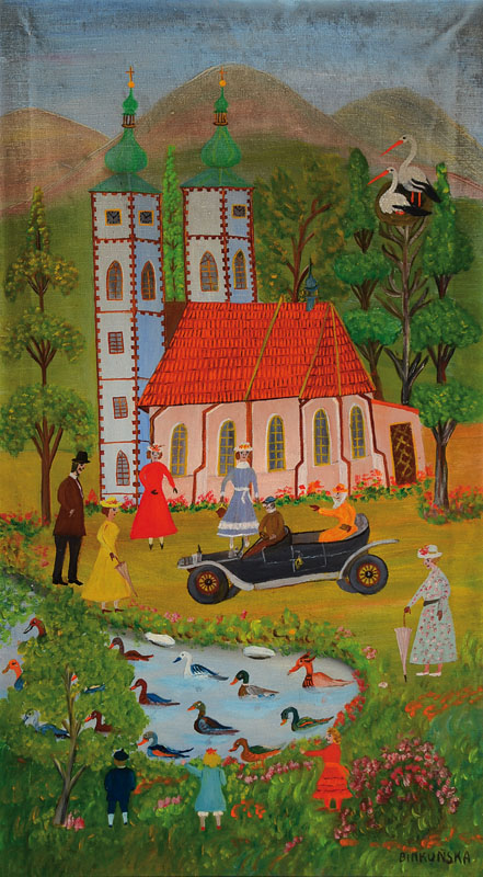 Anna Binkunska, naive Künstlerin aus Niederschlesien, Blick auf Kirchturm, Öl/Lwd, re. u. sign., verso betitelt, ca. 84x47 cm, Rahmen, Werke von ...