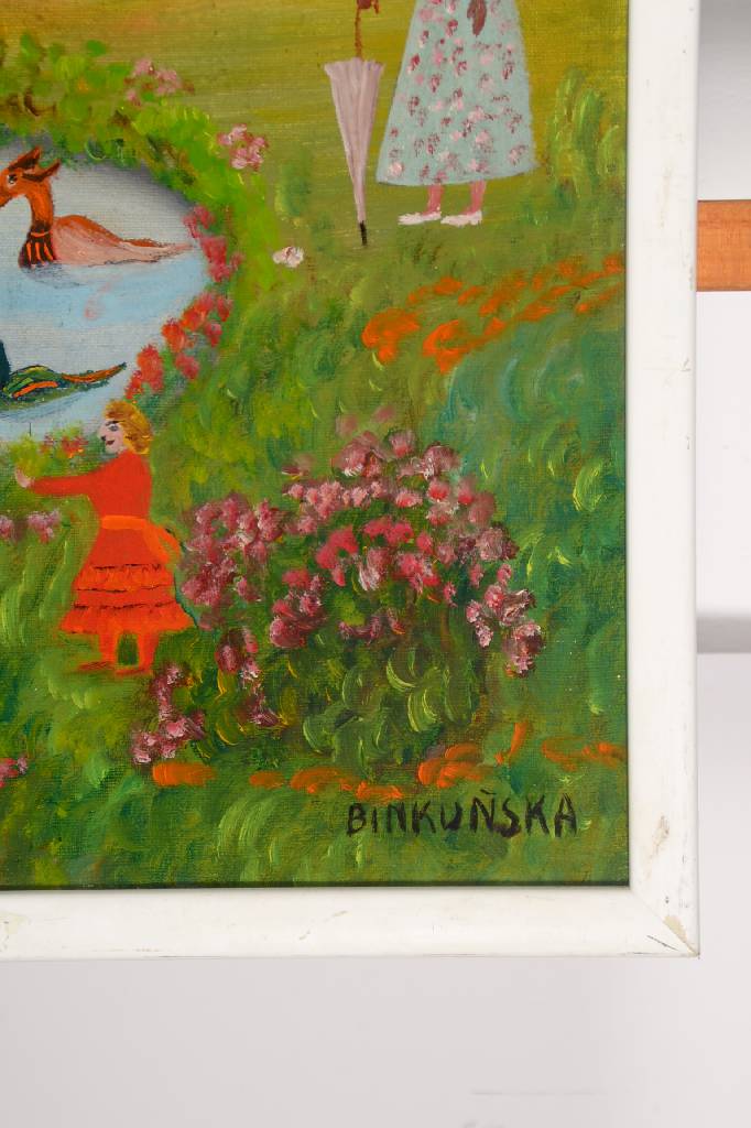 Detail a: Anna Binkunska, naive Künstlerin aus Niederschlesien, Blick auf Kirchturm, Öl/Lwd, re. u. sign., verso betitelt, ca. 84x47 cm, Rahmen, Werke von ...