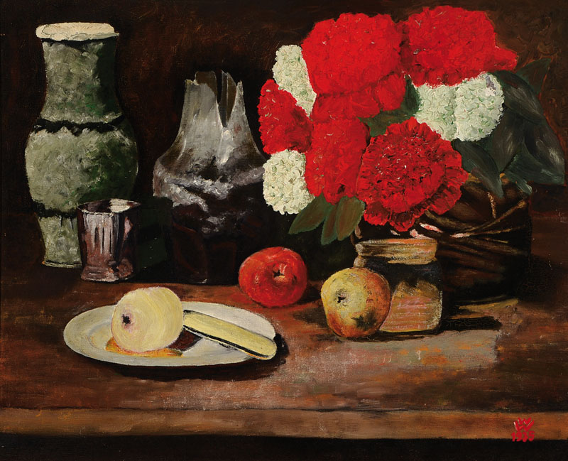 Unbekannter Monogrammist WW, Stillleben mit Blumen, Vase und Äpfeln, Öl/Lwd, rechts unten monogrammiert, datiert 1935, ca. 50x62 cm, Rahmen